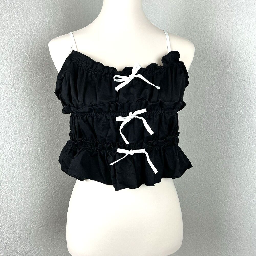 Misguided Women's Tank Top Black Bow Detail White Layers Ruffles Size M